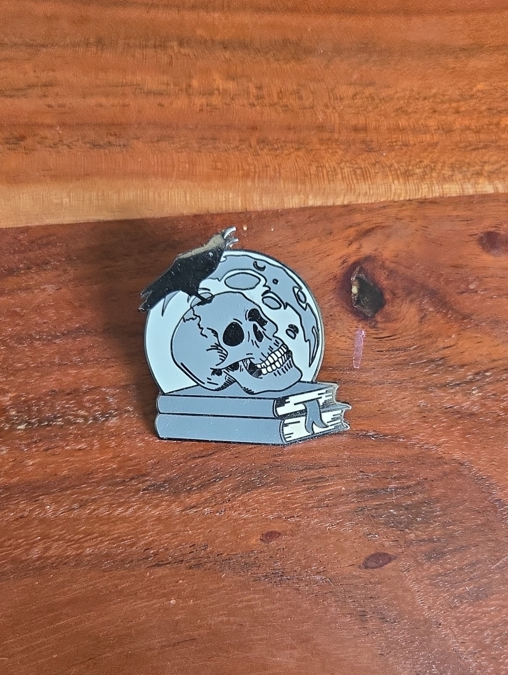 Silver Skull & Moon Enamel Pin - Gothic Book Design